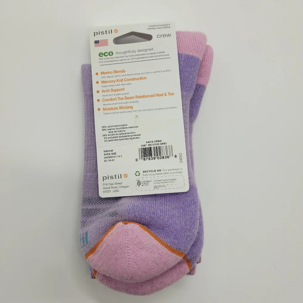Pistil Kaiya Crew Socks Merino Wool Blend Purple Grey Stripe Womens Medium NEW